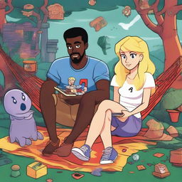 An illustration featuring Mike, a 27-year-old blonde man, sitting on a hammock with Emma, a 25-year-old woman