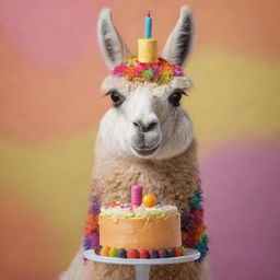 A fun, cartoonish llama happily munching on a small, delicious cake, accentuated with vibrant colors and appealing textures.