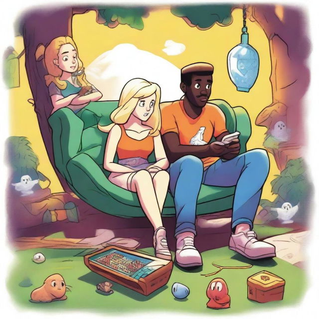 An illustration featuring Mike, a 27-year-old blonde man, sitting on a hammock with Emma, a 25-year-old woman