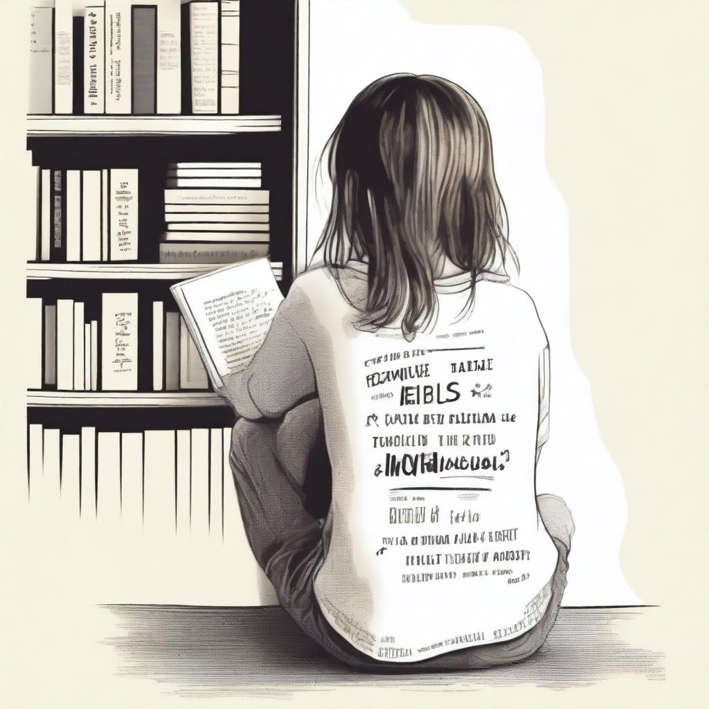 Create an image of a young girl sitting with her back to the viewer, holding a book