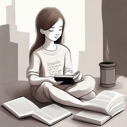 Create an image of a young girl sitting with her back to the viewer, holding a book