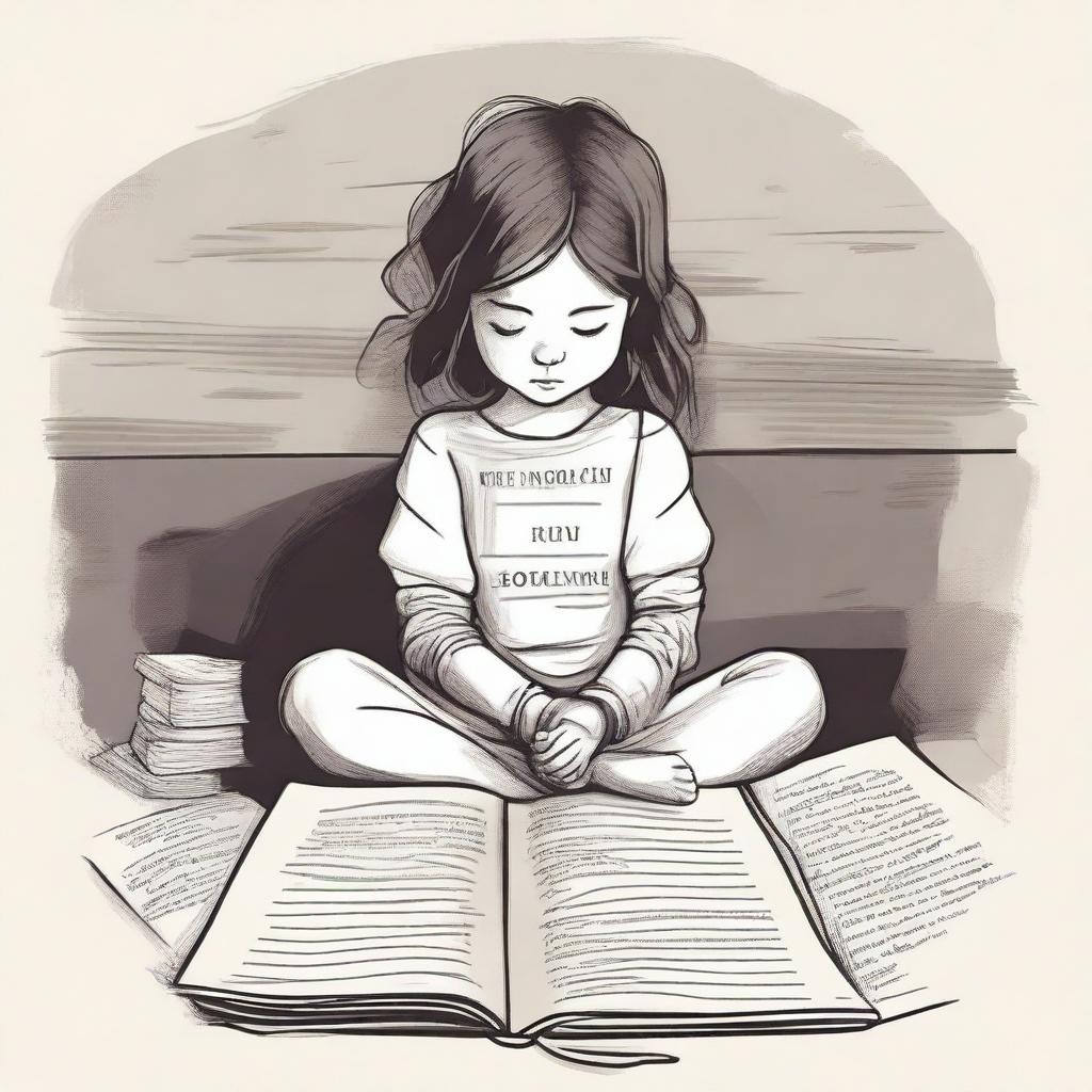 Create an image of a young girl sitting with her back to the viewer, holding a book