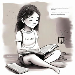 Create an image of a young girl sitting with her back to the viewer, holding a book