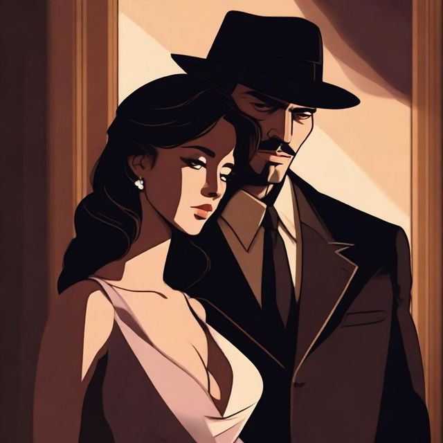 An intimate and sensual illustration featuring a mafia man and an innocent girl