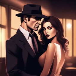 An intimate and sensual illustration featuring a mafia man and an innocent girl