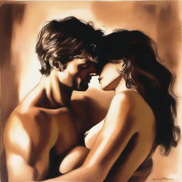 A sensual and intimate illustration of a couple in a passionate embrace