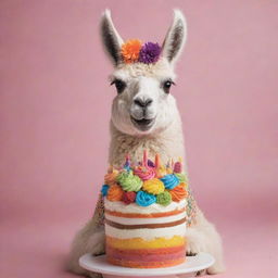 A fun, cartoonish llama happily munching on a small, delicious cake, accentuated with vibrant colors and appealing textures.