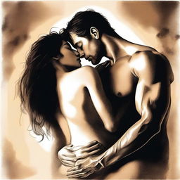 A sensual and intimate illustration of a couple in a passionate embrace