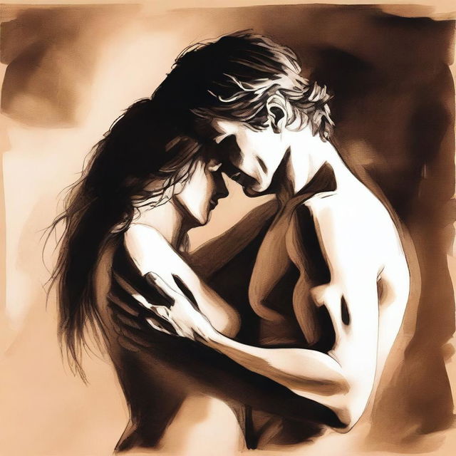 A sensual and intimate illustration of a couple in a passionate embrace