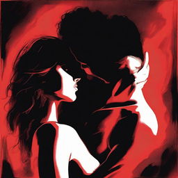 A sensual and intimate illustration of a couple in a passionate embrace, set against a backdrop of red and black