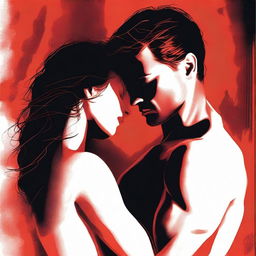 A sensual and intimate illustration of a couple in a passionate embrace, set against a backdrop of red and black