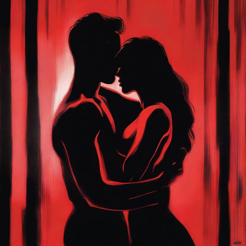 A sensual and intimate illustration of a couple in a passionate embrace, set against a backdrop of red and black