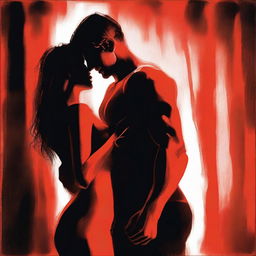 A sensual and intimate illustration of a couple in a passionate embrace, set against a backdrop of red and black