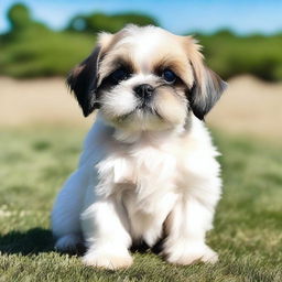 A cute Shih Tzu puppy with a fluffy coat, big round eyes, and a playful expression