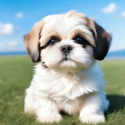 A cute Shih Tzu puppy with a fluffy coat, big round eyes, and a playful expression