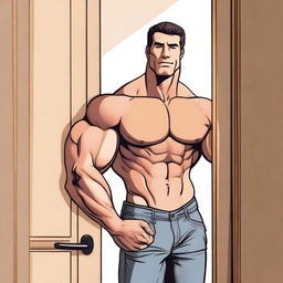 A detailed illustration of a muscular man standing in a door frame with one hand resting on the frame