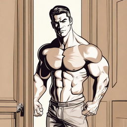 A detailed illustration of a muscular man standing in a door frame with one hand resting on the frame