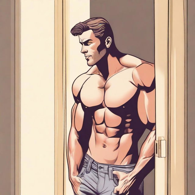 A detailed illustration of a muscular man standing in a door frame with one hand resting on the frame