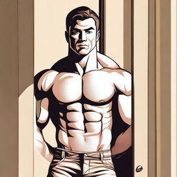 A detailed illustration of a muscular man standing in a door frame with one hand resting on the frame