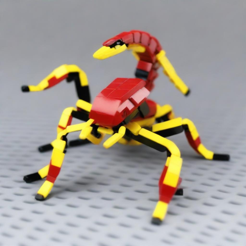 A detailed and colorful scorpion made out of LEGO bricks, showcasing intricate design and creativity