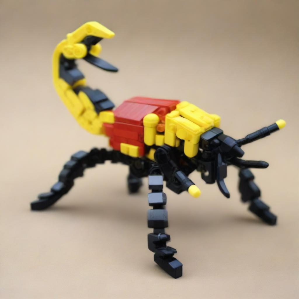 A detailed and colorful scorpion made out of LEGO bricks, showcasing intricate design and creativity