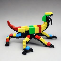 A detailed and colorful scorpion made out of LEGO bricks, showcasing intricate design and creativity