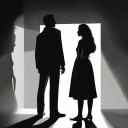 A dramatic illustration of a man standing in front of a girl in a dark setting