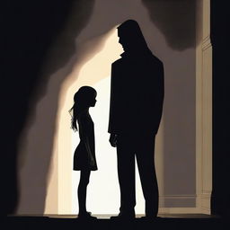 A dramatic illustration of a man standing in front of a girl in a dark setting