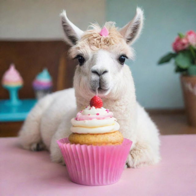 A cute llama indulging in a little cupcake