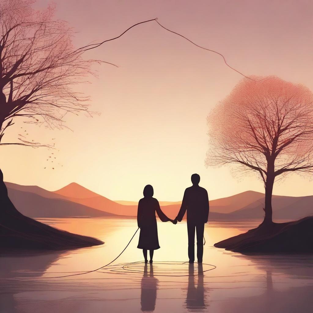 A romantic scene depicting a couple standing far apart, connected by a red thread of fate