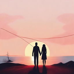 A romantic scene depicting a couple standing far apart, connected by a red thread of fate