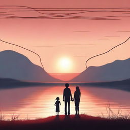 A romantic scene depicting a couple standing far apart, connected by a red thread of fate