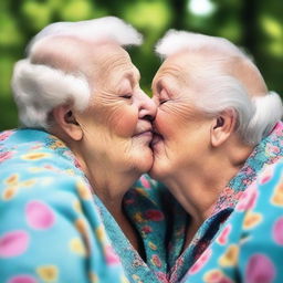 A beautiful scene featuring two very fat women, around 70 years old, sharing a tender kiss