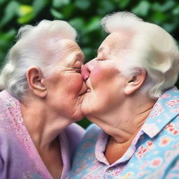 A beautiful scene featuring two very fat women, around 70 years old, sharing a tender kiss