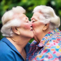 A beautiful scene featuring two very fat women, around 70 years old, sharing a tender kiss