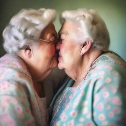 A beautiful scene featuring two very fat women, around 70 years old, sharing a tender kiss