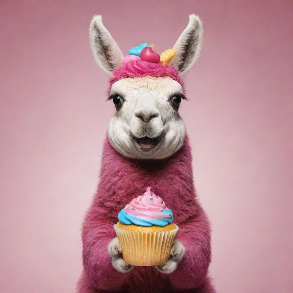 An animated image of a cute and colorful llama joyfully eating a cupcake