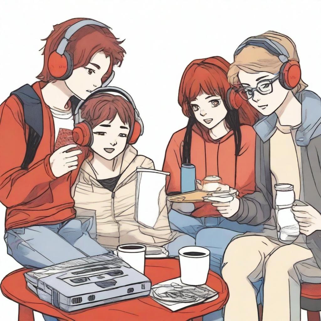 A group of adolescents with a cup of coffee, a girl wearing headphones and holding a cassette, and a boy holding a comic