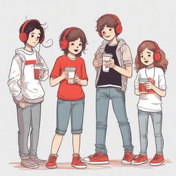 A group of adolescents with a cup of coffee, a girl wearing headphones and holding a cassette, and a boy holding a comic