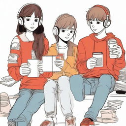 A group of adolescents with a cup of coffee, a girl wearing headphones and holding a cassette, and a boy holding a comic