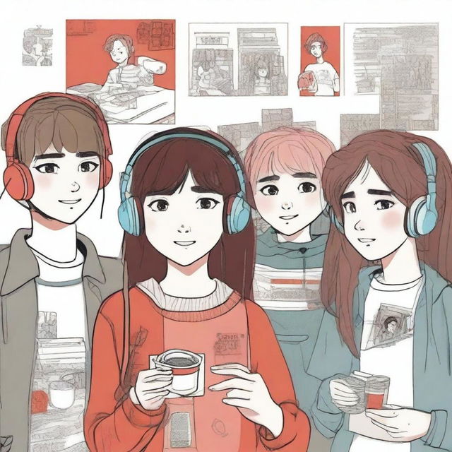 A group of adolescents with a cup of coffee, a girl wearing headphones and holding a cassette, and a boy holding a comic