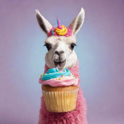 An animated image of a cute and colorful llama joyfully eating a cupcake