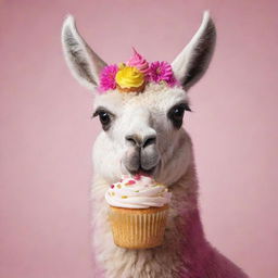 An animated image of a cute and colorful llama joyfully eating a cupcake