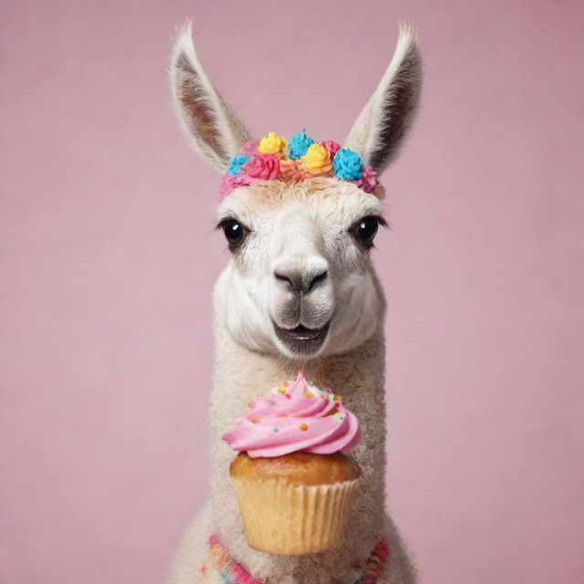 An animated image of a cute and colorful llama joyfully eating a cupcake