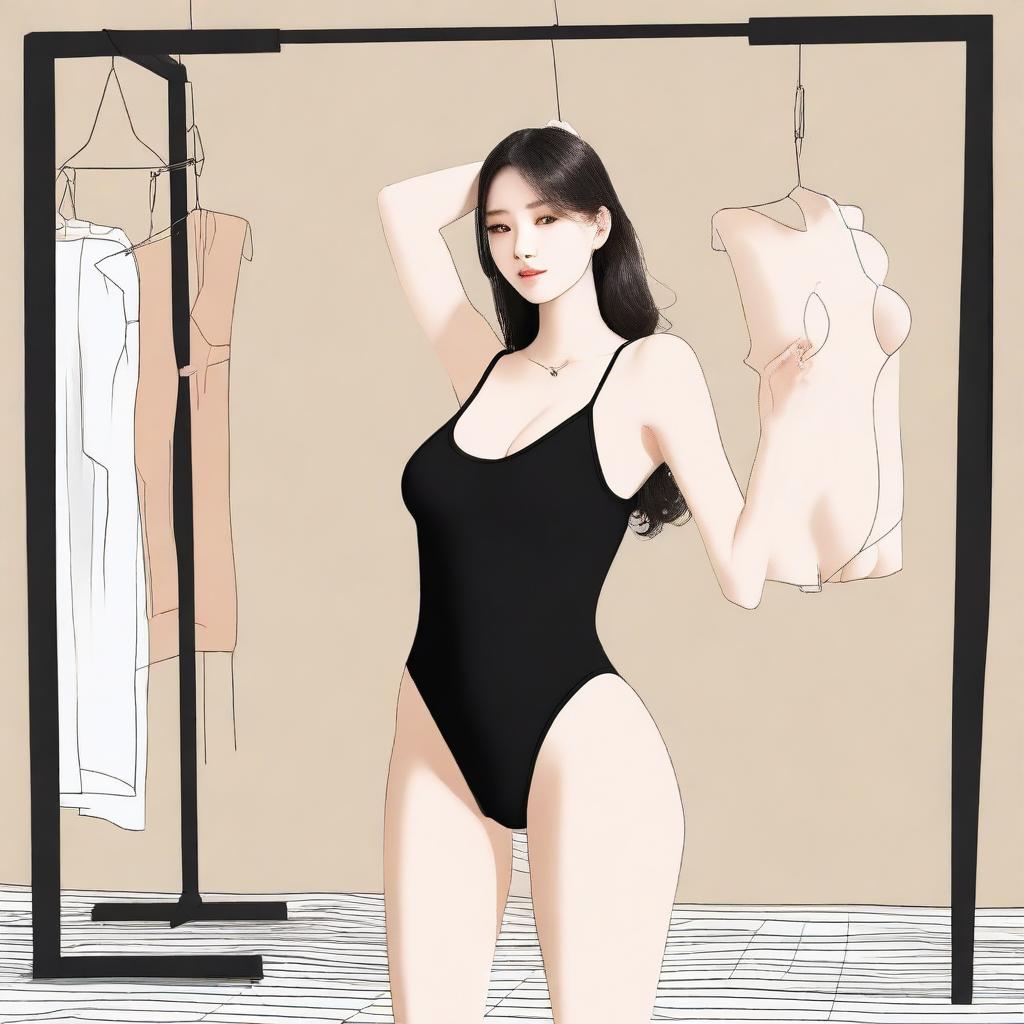 A person changing clothes into a black monokini