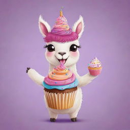 A cute and colorful cartoon llama joyfully holding a decorated cupcake