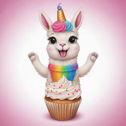 A cute and colorful cartoon llama joyfully holding a decorated cupcake