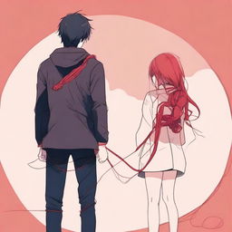 An image of a couple standing back to back with a red thread wrapped around them, capturing their attention