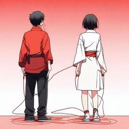 An image of a couple standing back to back with a red thread wrapped around them, capturing their attention