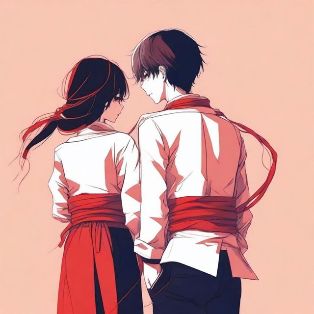 An image of a couple standing back to back with a red thread wrapped around them, capturing their attention